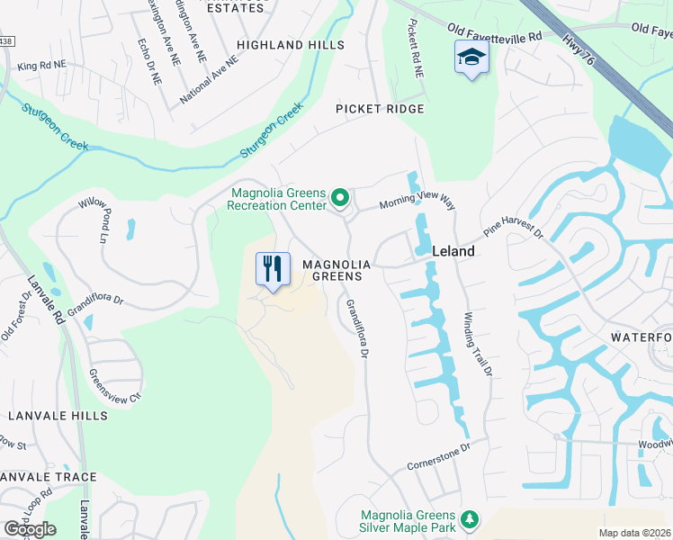 map of restaurants, bars, coffee shops, grocery stores, and more near in Leland