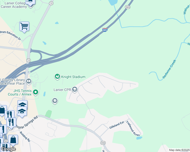 map of restaurants, bars, coffee shops, grocery stores, and more near 3875 Amberleigh Trace in Gainesville