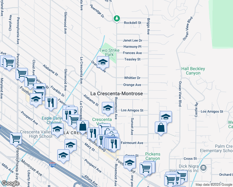 map of restaurants, bars, coffee shops, grocery stores, and more near 2917 Highridge Road in La Crescenta-Montrose