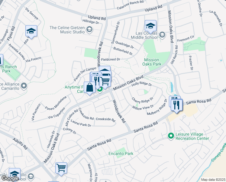 map of restaurants, bars, coffee shops, grocery stores, and more near 1093 Hickory View Circle in Camarillo