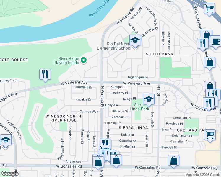 map of restaurants, bars, coffee shops, grocery stores, and more near 1400 Kumquat Place in Oxnard