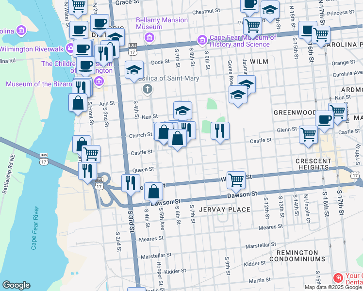 map of restaurants, bars, coffee shops, grocery stores, and more near 615 Castle Street in Wilmington