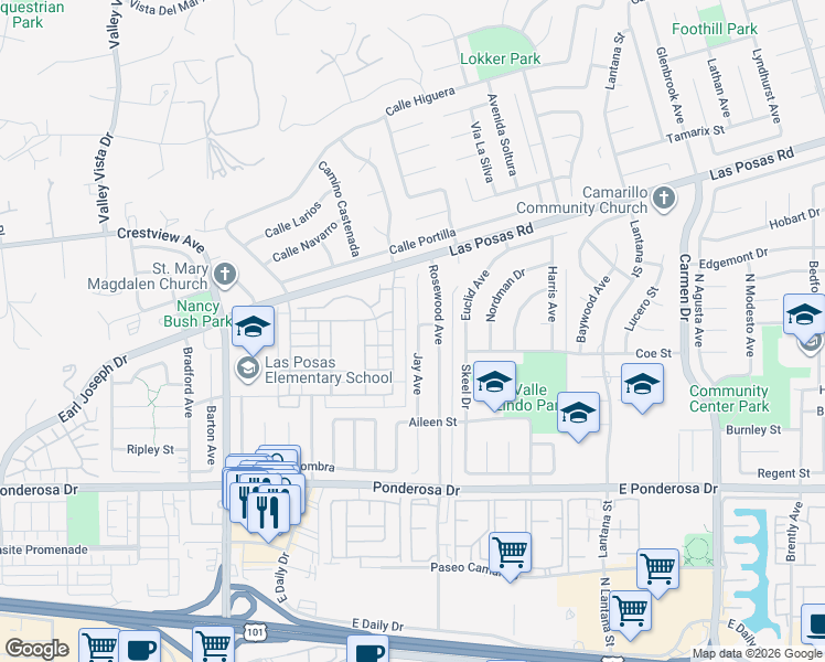 map of restaurants, bars, coffee shops, grocery stores, and more near 1091 Jay Avenue in Camarillo