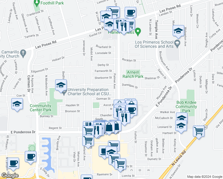 map of restaurants, bars, coffee shops, grocery stores, and more near 2267 Wilcox Street in Camarillo
