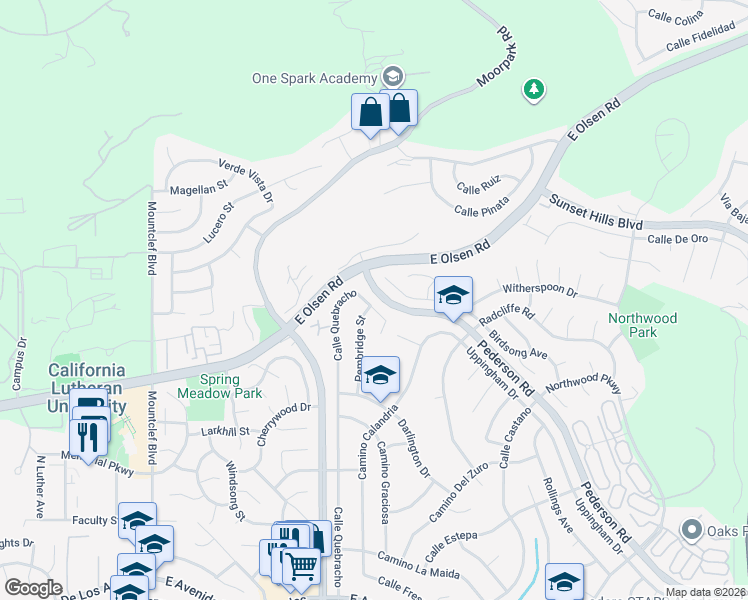map of restaurants, bars, coffee shops, grocery stores, and more near 3587 Calle Quebracho in Thousand Oaks