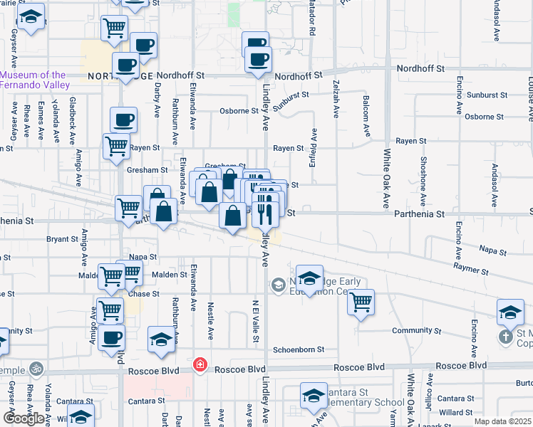 map of restaurants, bars, coffee shops, grocery stores, and more near Parthenia St & Lindley Ave in Los Angeles