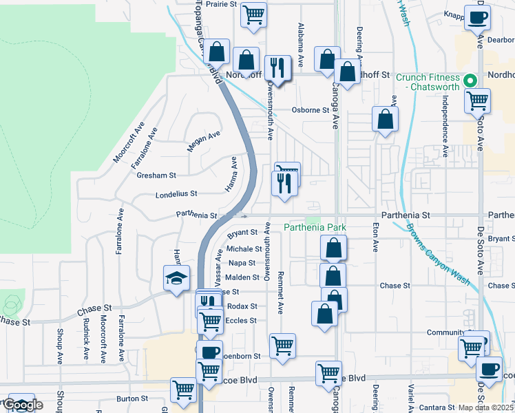 map of restaurants, bars, coffee shops, grocery stores, and more near 21715 Parthenia Street in Los Angeles