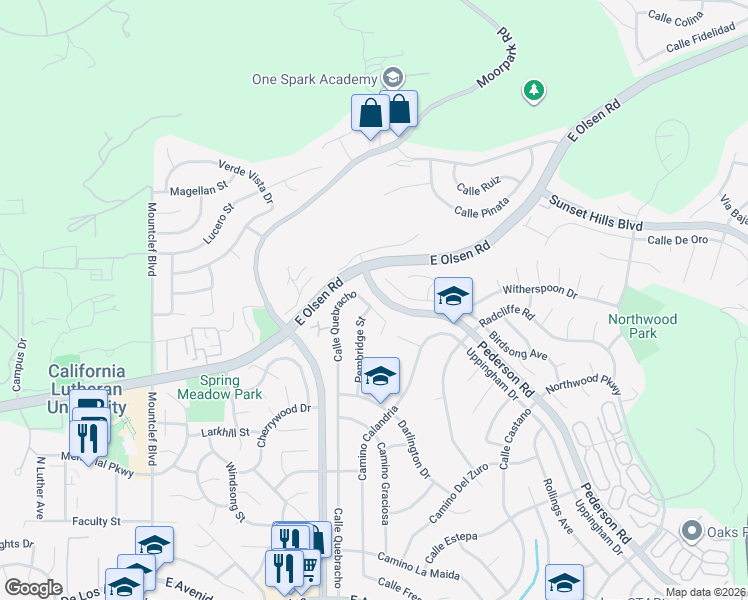 map of restaurants, bars, coffee shops, grocery stores, and more near 3587 Calle Quebracho in Thousand Oaks