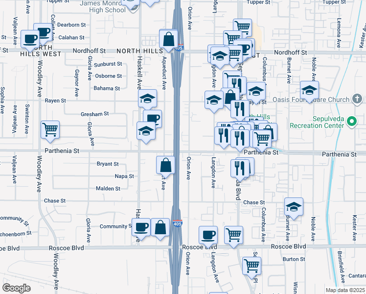map of restaurants, bars, coffee shops, grocery stores, and more near 15611 Parthenia Street in Los Angeles