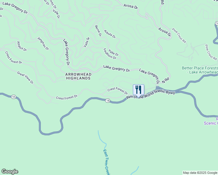 map of restaurants, bars, coffee shops, grocery stores, and more near 24977 Crest Forest Drive in Crestline