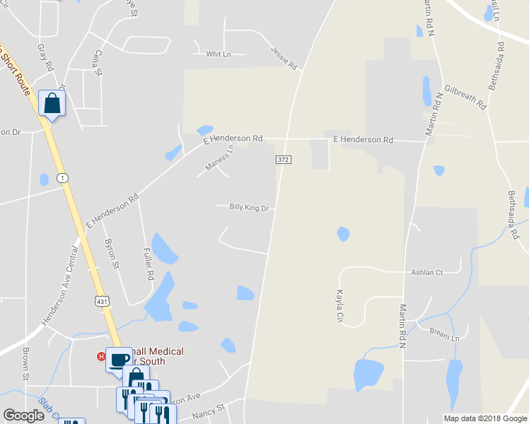 map of restaurants, bars, coffee shops, grocery stores, and more near 45 Billy King Drive in Boaz
