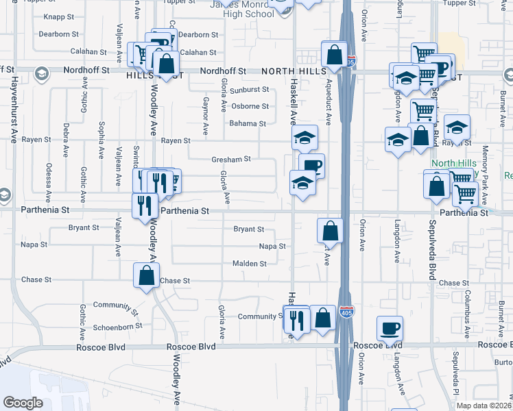 map of restaurants, bars, coffee shops, grocery stores, and more near 15905 Parthenia Street in Los Angeles