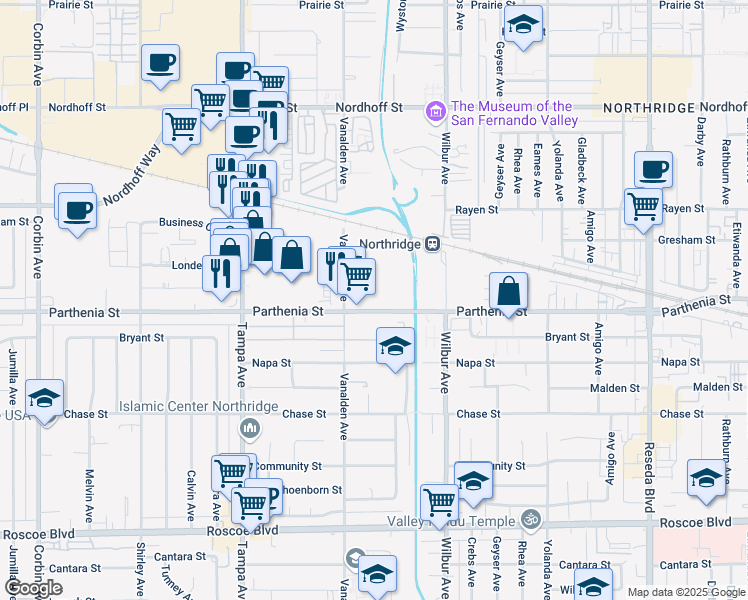 map of restaurants, bars, coffee shops, grocery stores, and more near 19051 Parthenia Street in Los Angeles