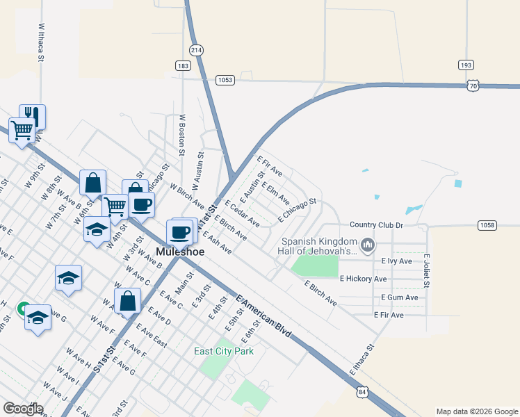 map of restaurants, bars, coffee shops, grocery stores, and more near 222 East Date Avenue in Muleshoe