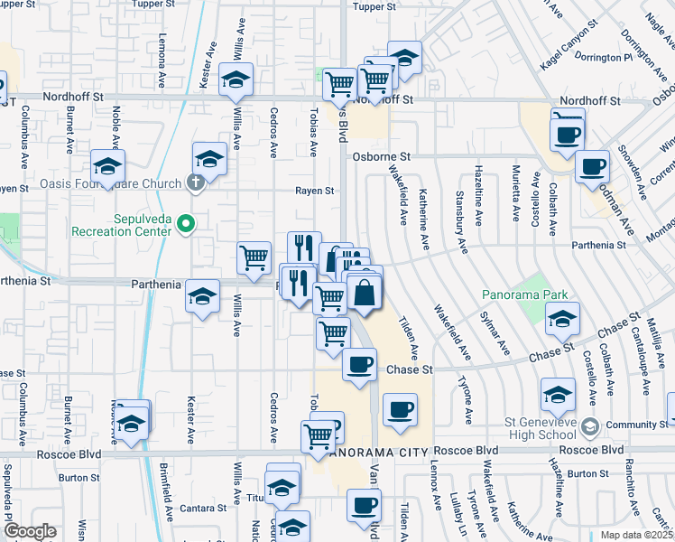 map of restaurants, bars, coffee shops, grocery stores, and more near 8737 Van Nuys in Los Angeles