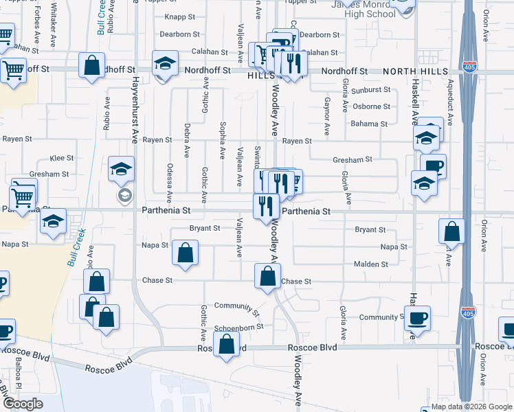 map of restaurants, bars, coffee shops, grocery stores, and more near 16233 Parthenia Street in Los Angeles