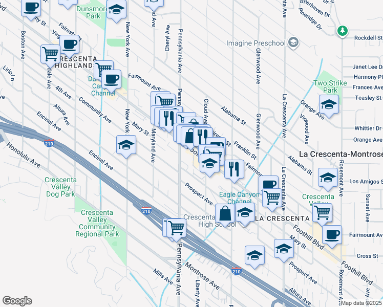 map of restaurants, bars, coffee shops, grocery stores, and more near in La Crescenta-Montrose