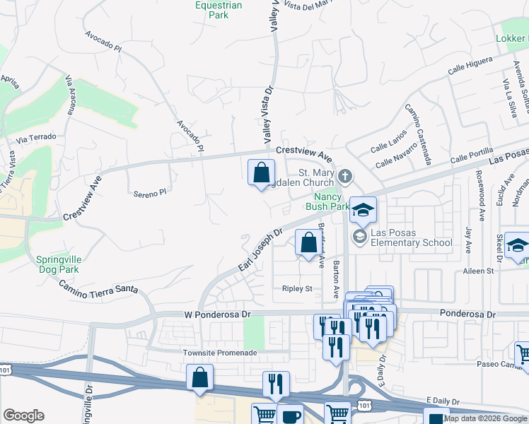 map of restaurants, bars, coffee shops, grocery stores, and more near 83 Camino Esplendido in Camarillo