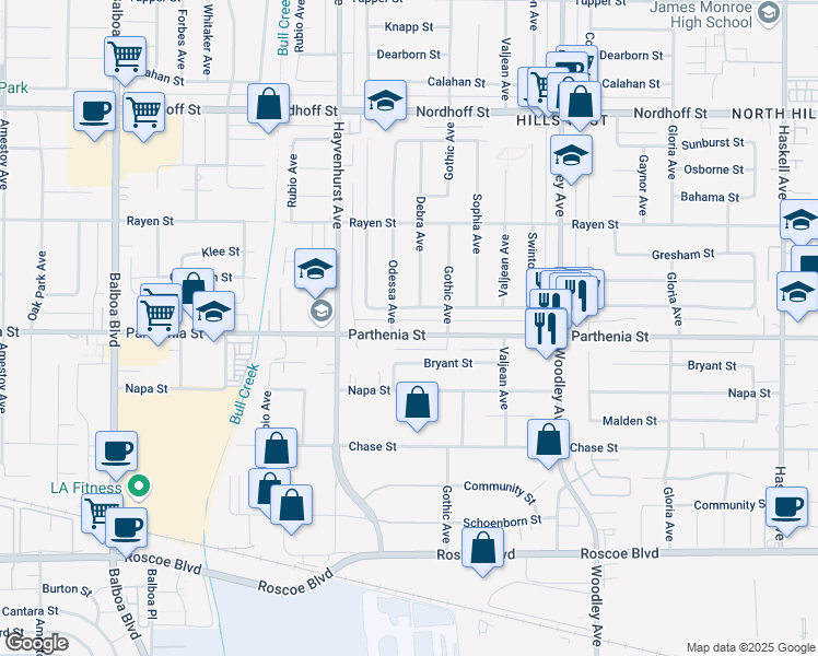 map of restaurants, bars, coffee shops, grocery stores, and more near 16443 Parthenia Street in Los Angeles