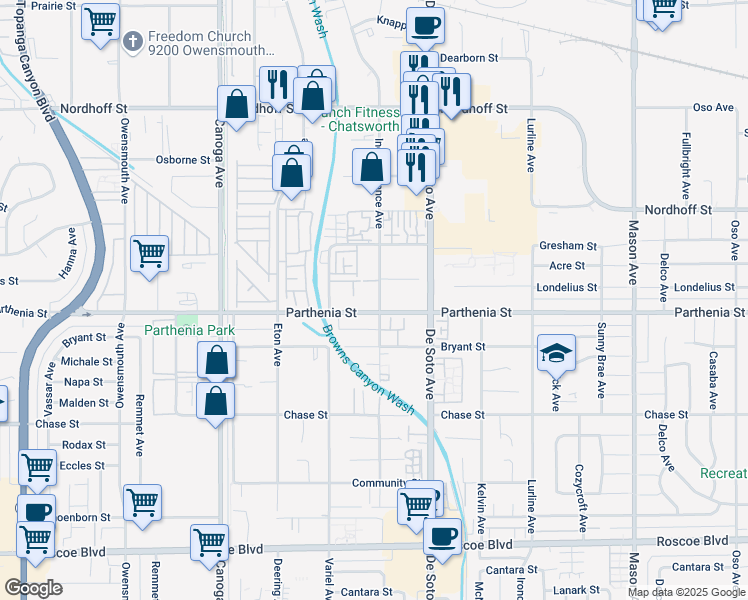 map of restaurants, bars, coffee shops, grocery stores, and more near 8735 Independence Avenue in Los Angeles