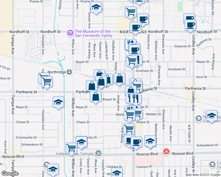 map of restaurants, bars, coffee shops, grocery stores, and more near 18621 Parthenia Street in Los Angeles