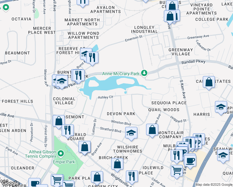 map of restaurants, bars, coffee shops, grocery stores, and more near 3611 Ashley Circle in Wilmington