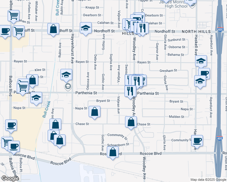 map of restaurants, bars, coffee shops, grocery stores, and more near 16321 Parthenia Street in Los Angeles