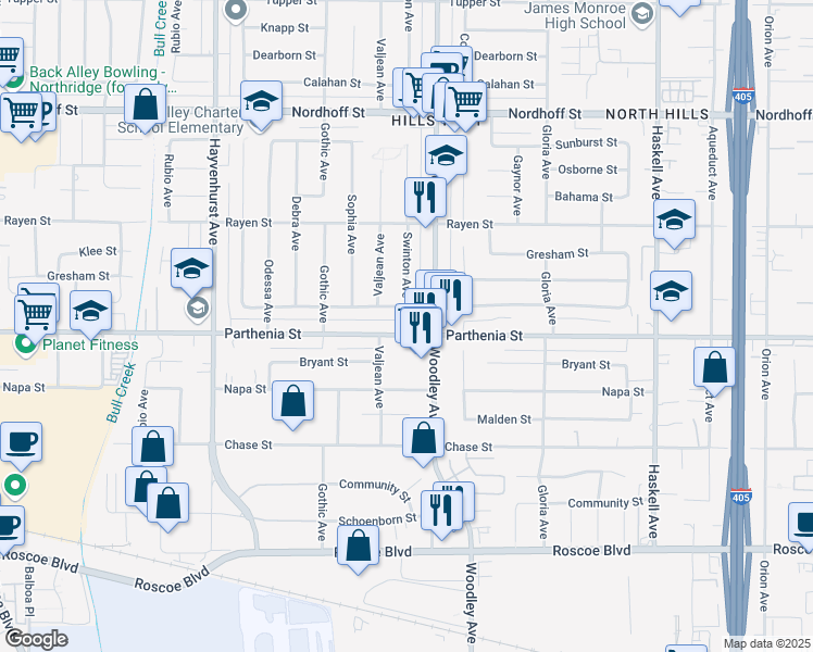 map of restaurants, bars, coffee shops, grocery stores, and more near 16233 Parthenia Street in Los Angeles