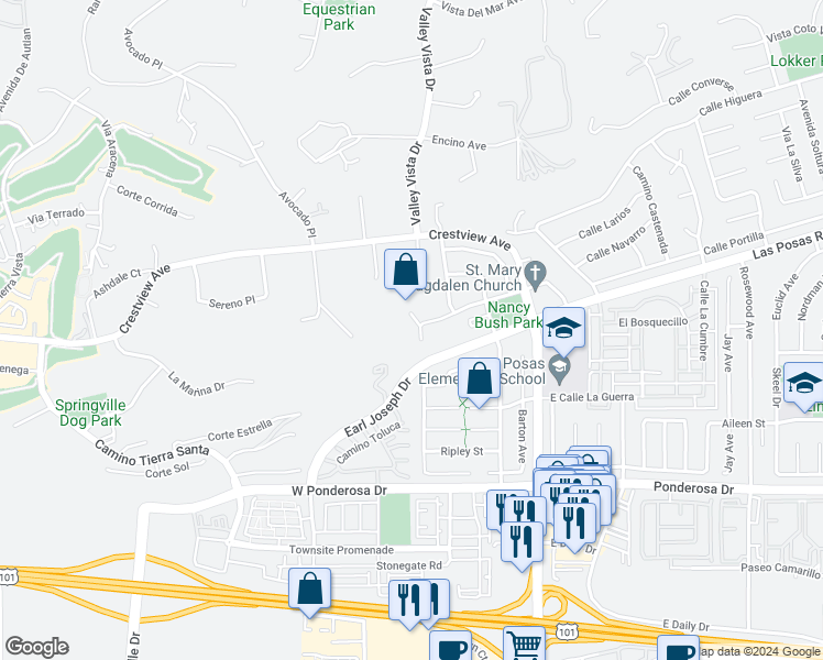 map of restaurants, bars, coffee shops, grocery stores, and more near 91 Calle Vista in Camarillo