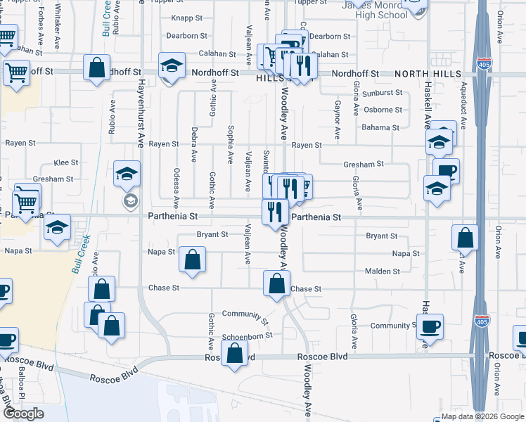 map of restaurants, bars, coffee shops, grocery stores, and more near 16239 Parthenia Street in Los Angeles