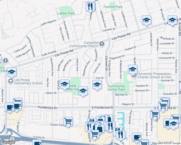 map of restaurants, bars, coffee shops, grocery stores, and more near 1138 Lantana Street in Camarillo