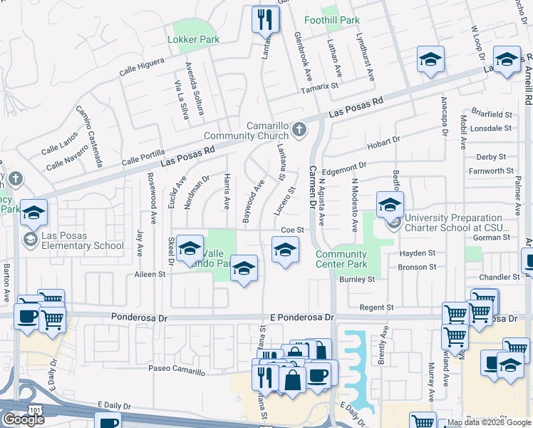 map of restaurants, bars, coffee shops, grocery stores, and more near 1138 Lantana Street in Camarillo