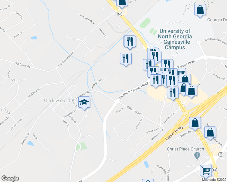 map of restaurants, bars, coffee shops, grocery stores, and more near 4343 Oakwood Road in Oakwood