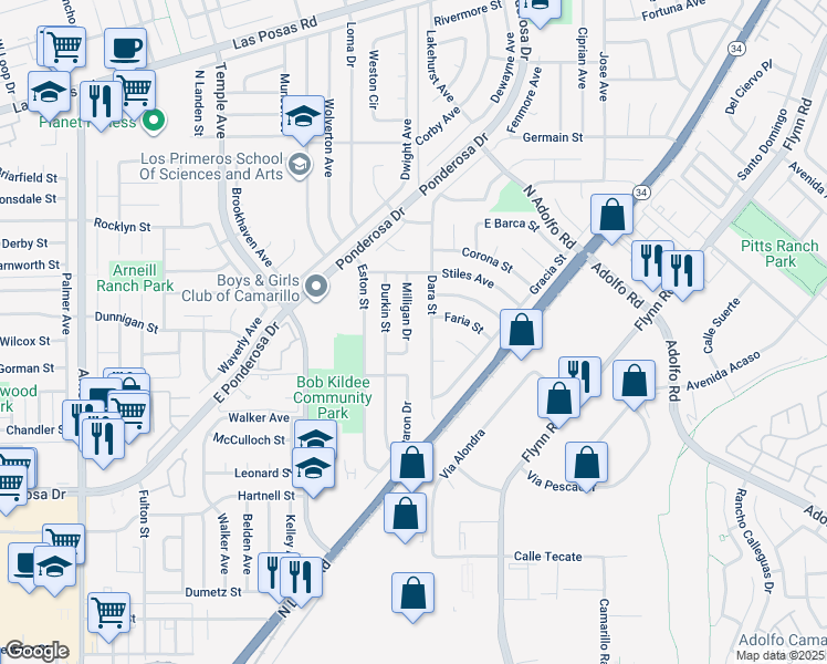 map of restaurants, bars, coffee shops, grocery stores, and more near 1124 Milligan Drive in Camarillo