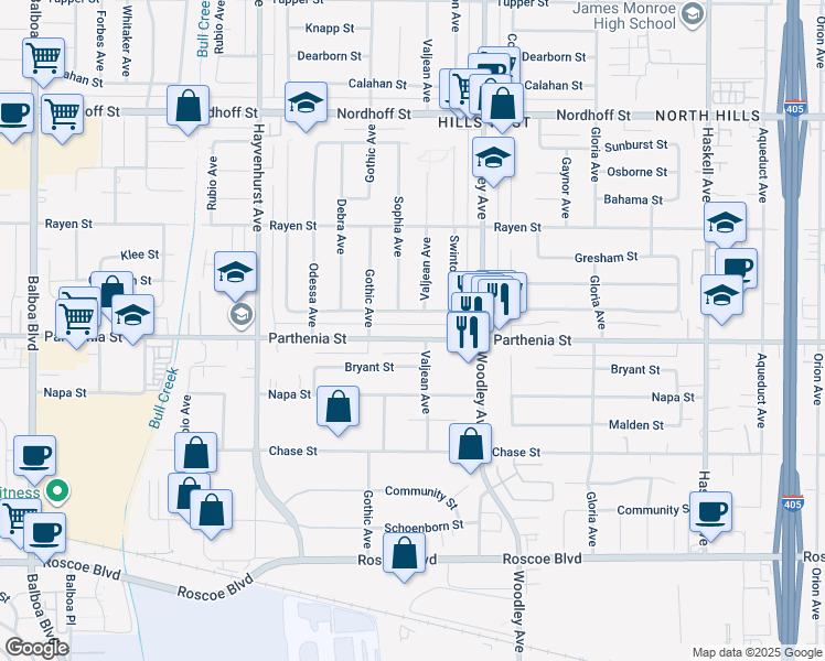 map of restaurants, bars, coffee shops, grocery stores, and more near 16315 Parthenia Street in Los Angeles