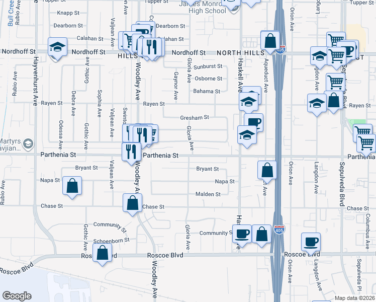 map of restaurants, bars, coffee shops, grocery stores, and more near 16005 Parthenia Street in Los Angeles