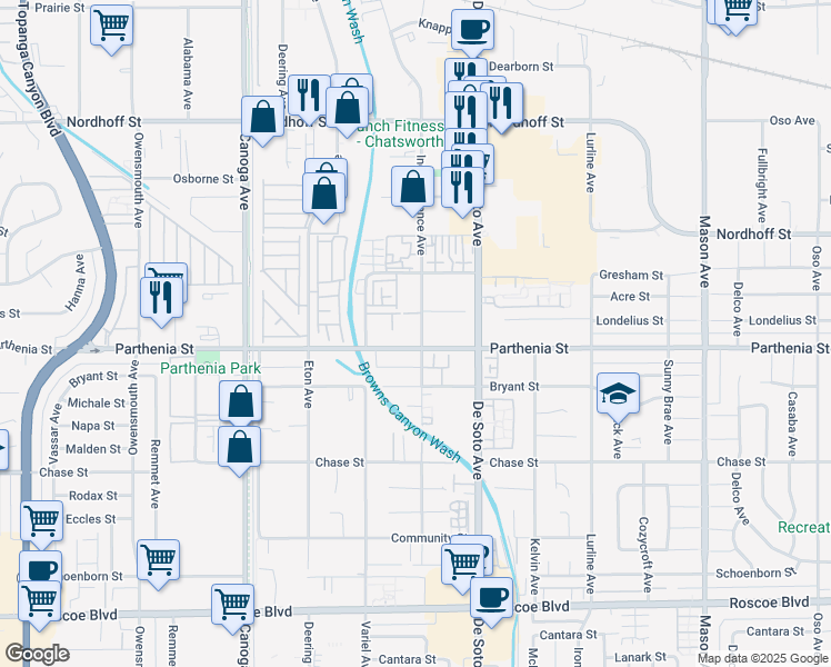 map of restaurants, bars, coffee shops, grocery stores, and more near 8735 Independence Avenue in Los Angeles