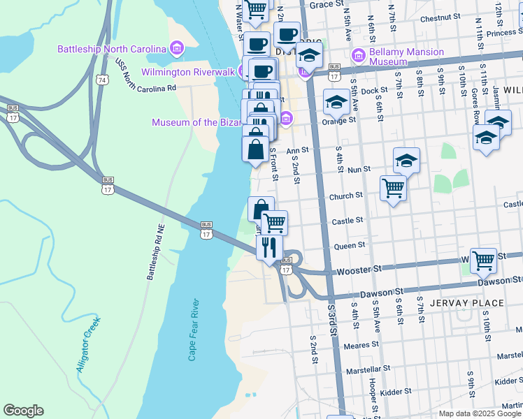 map of restaurants, bars, coffee shops, grocery stores, and more near 2 Church Street in Wilmington