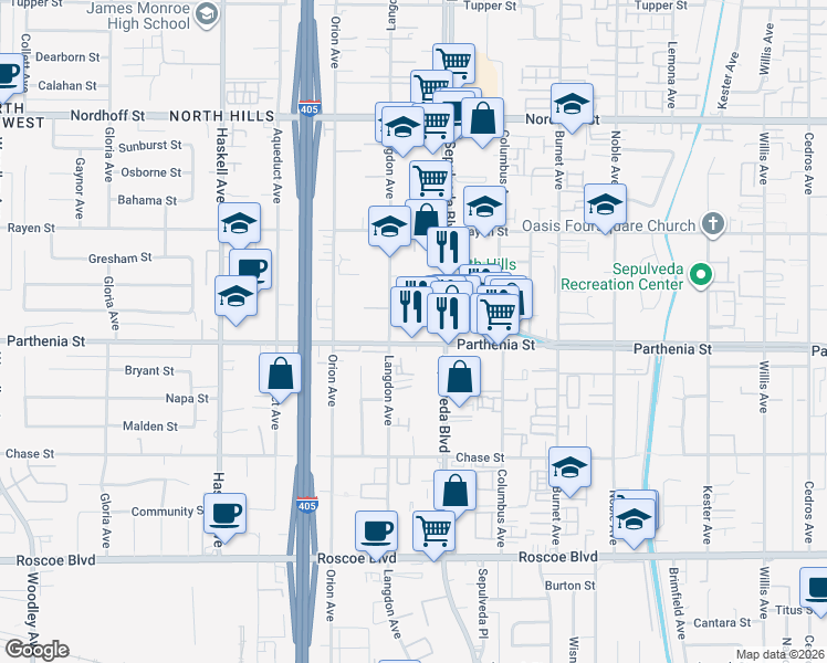 map of restaurants, bars, coffee shops, grocery stores, and more near 15425 Parthenia Street in Los Angeles