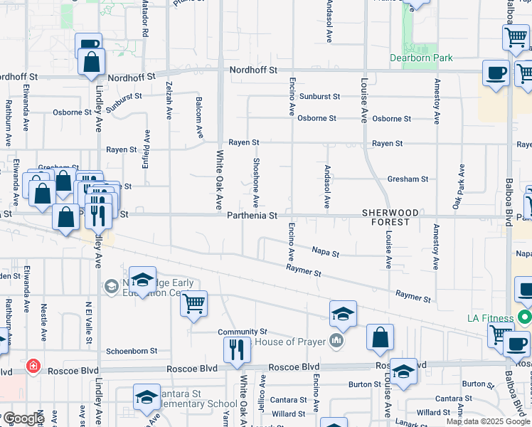 map of restaurants, bars, coffee shops, grocery stores, and more near 17600 Parthenia Street in Los Angeles