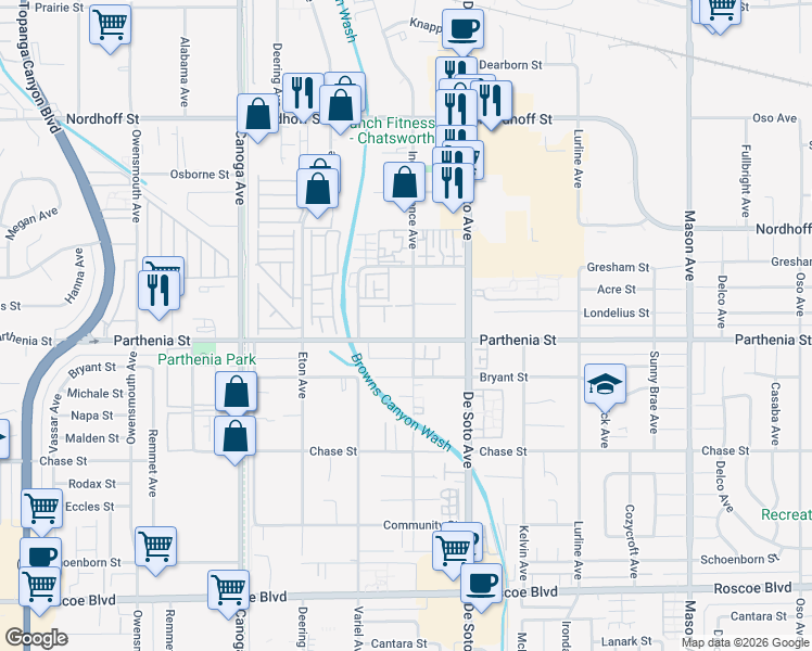 map of restaurants, bars, coffee shops, grocery stores, and more near 21031 Parthenia Street in Los Angeles