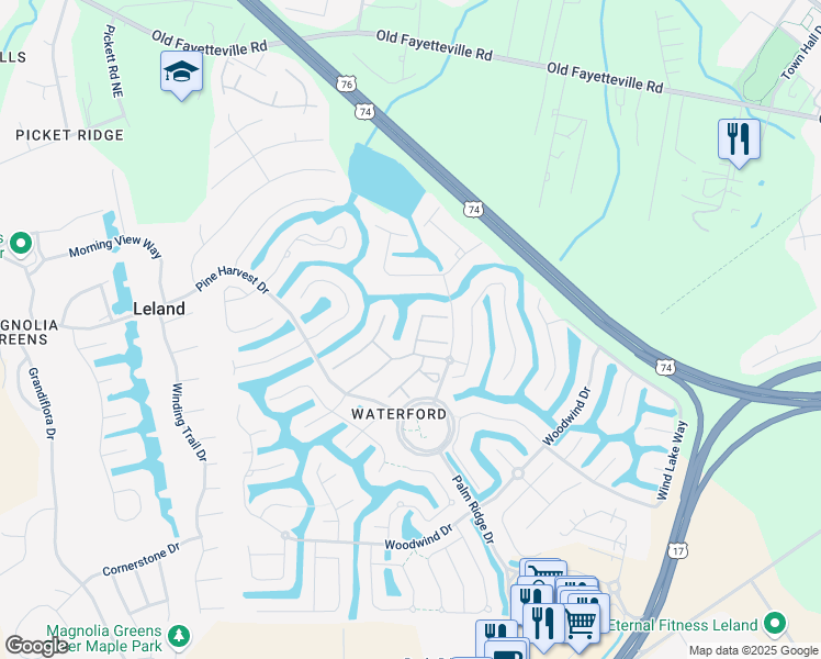 map of restaurants, bars, coffee shops, grocery stores, and more near 1125 Sandy Beach Circle in Leland