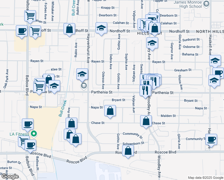 map of restaurants, bars, coffee shops, grocery stores, and more near 16443 Parthenia Street in Los Angeles