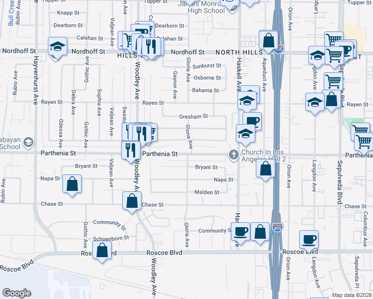 map of restaurants, bars, coffee shops, grocery stores, and more near 16005 Parthenia Street in Los Angeles