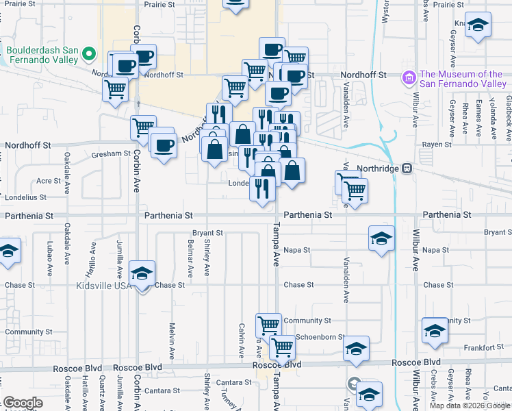 map of restaurants, bars, coffee shops, grocery stores, and more near 19346 Parthenia Street in Los Angeles