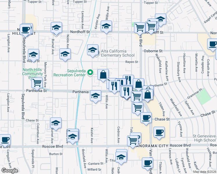 map of restaurants, bars, coffee shops, grocery stores, and more near 8700 Willis Avenue in Los Angeles