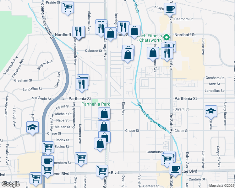 map of restaurants, bars, coffee shops, grocery stores, and more near 8801 Eton Avenue in Los Angeles