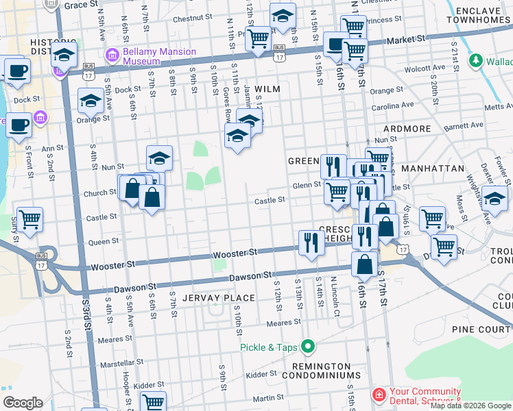 map of restaurants, bars, coffee shops, grocery stores, and more near in Wilmington