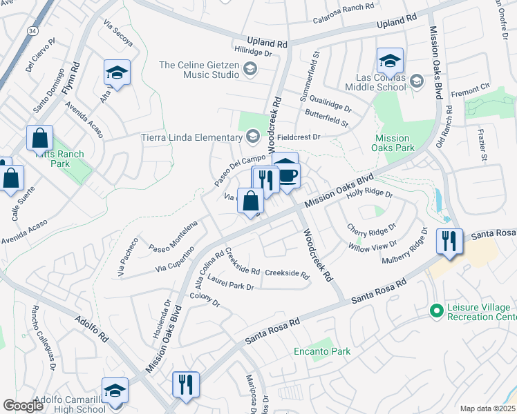map of restaurants, bars, coffee shops, grocery stores, and more near 1124 Via Carranza in Camarillo