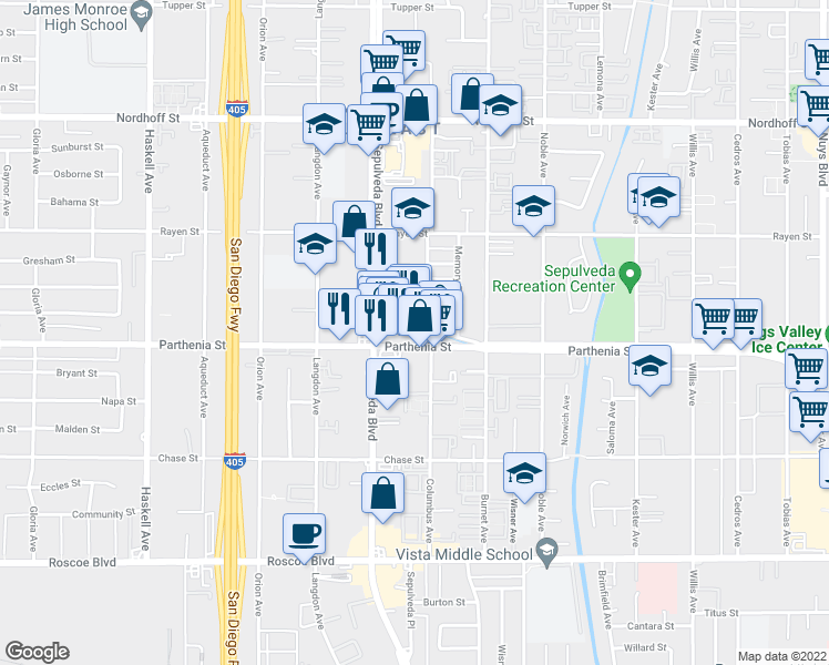 map of restaurants, bars, coffee shops, grocery stores, and more near 8745 Parthenia Place in Los Angeles
